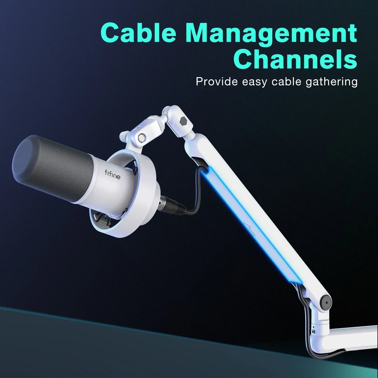 White and gray fifine microphone boom arm bm88w with adjustable low profile design and integrated cable management channels