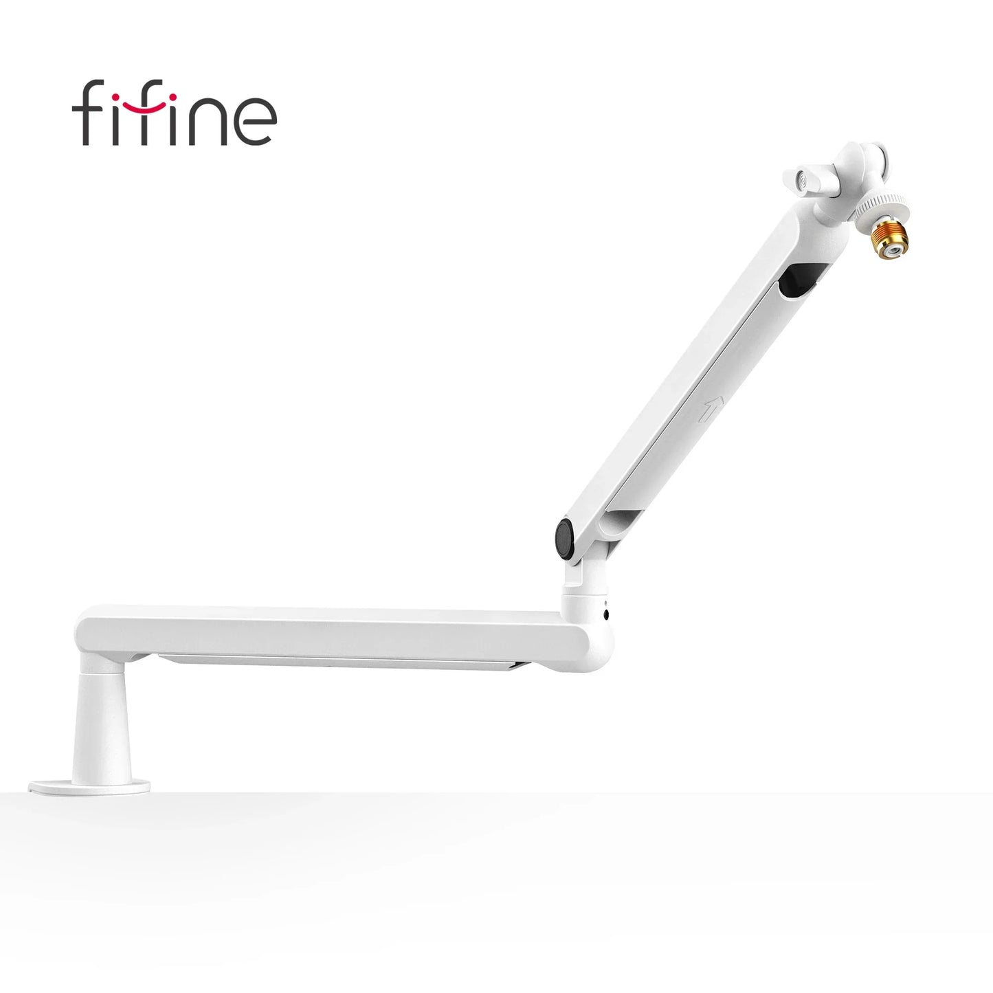 White fifine microphone boom arm bm88w with adjustable low profile desk mount clamp and gold-colored camera lens end