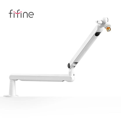 White fifine microphone boom arm bm88w with adjustable low profile desk mount clamp and gold-colored camera lens end