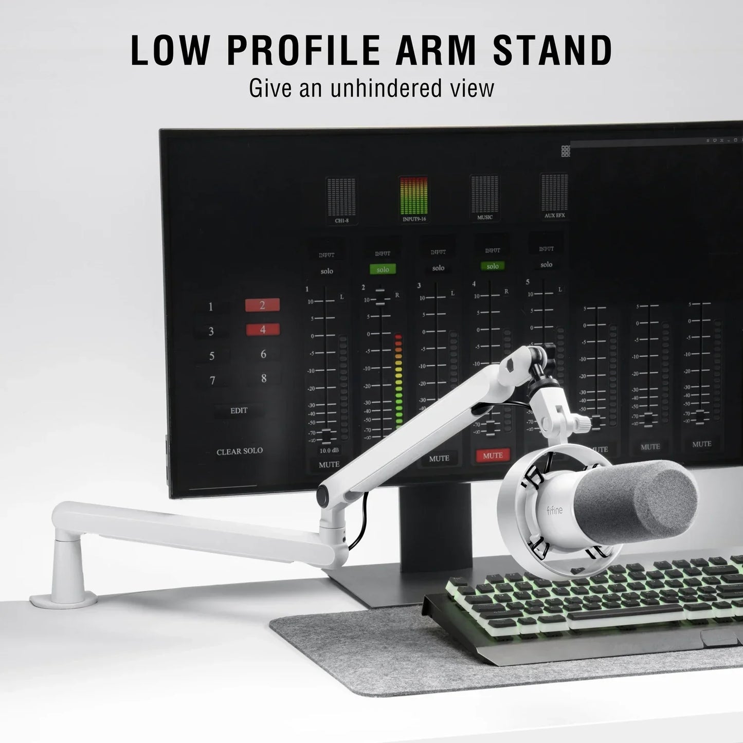White fifine microphone boom bm88w adjustable low profile arm stand supporting professional mic in front of monitor