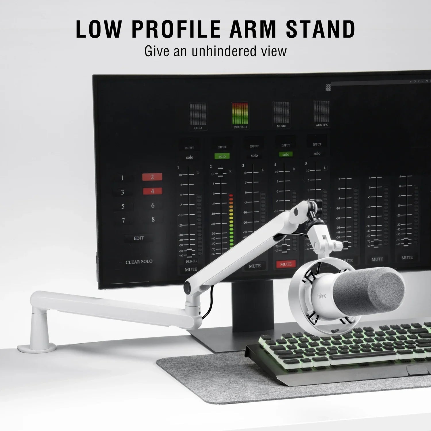 White fifine microphone boom bm88w adjustable low profile arm stand supporting professional mic in front of monitor