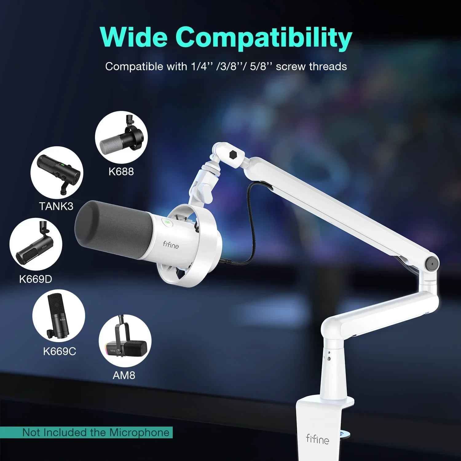 White fifine microphone boom adjustable low profile bm88w stand with articulated arm holding black and white condenser mic
