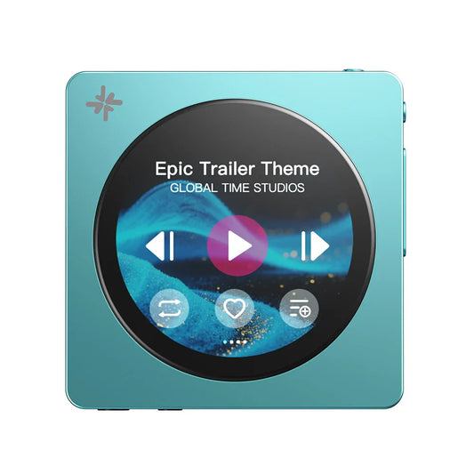 Fiio disc portable dual dac player in turquoise with ldac round touchscreen showing epic trailer theme playback controls