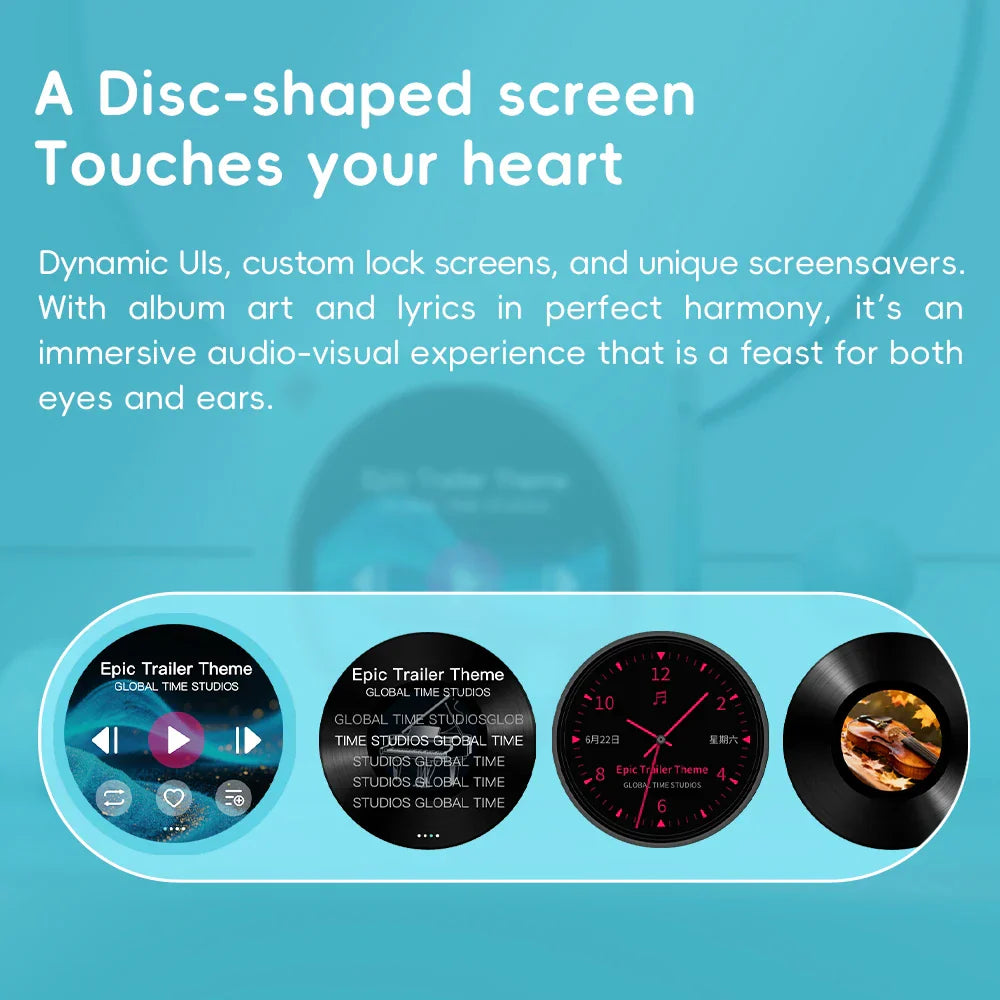 A sleek fiio disc portable dual dac player with a black ldac round touchscreen displaying dynamic uis and album art