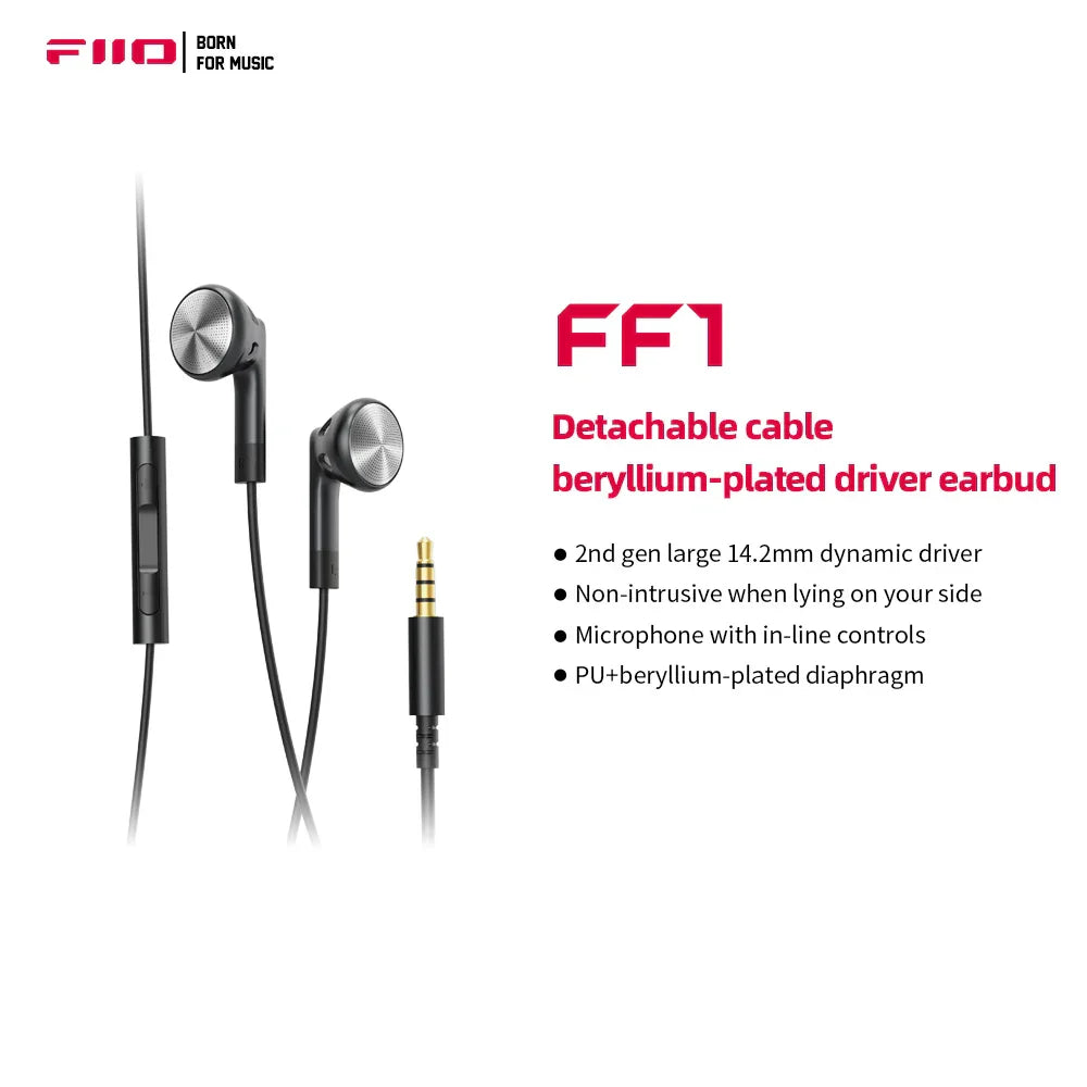 Black fiio ff1 wired bass earbud with silver beryllium-plated drivers and dynamic hd microphone for gaming meeting video