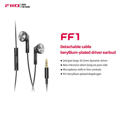 Black fiio ff1 wired bass earbud with silver beryllium-plated drivers and dynamic hd microphone for gaming meeting video