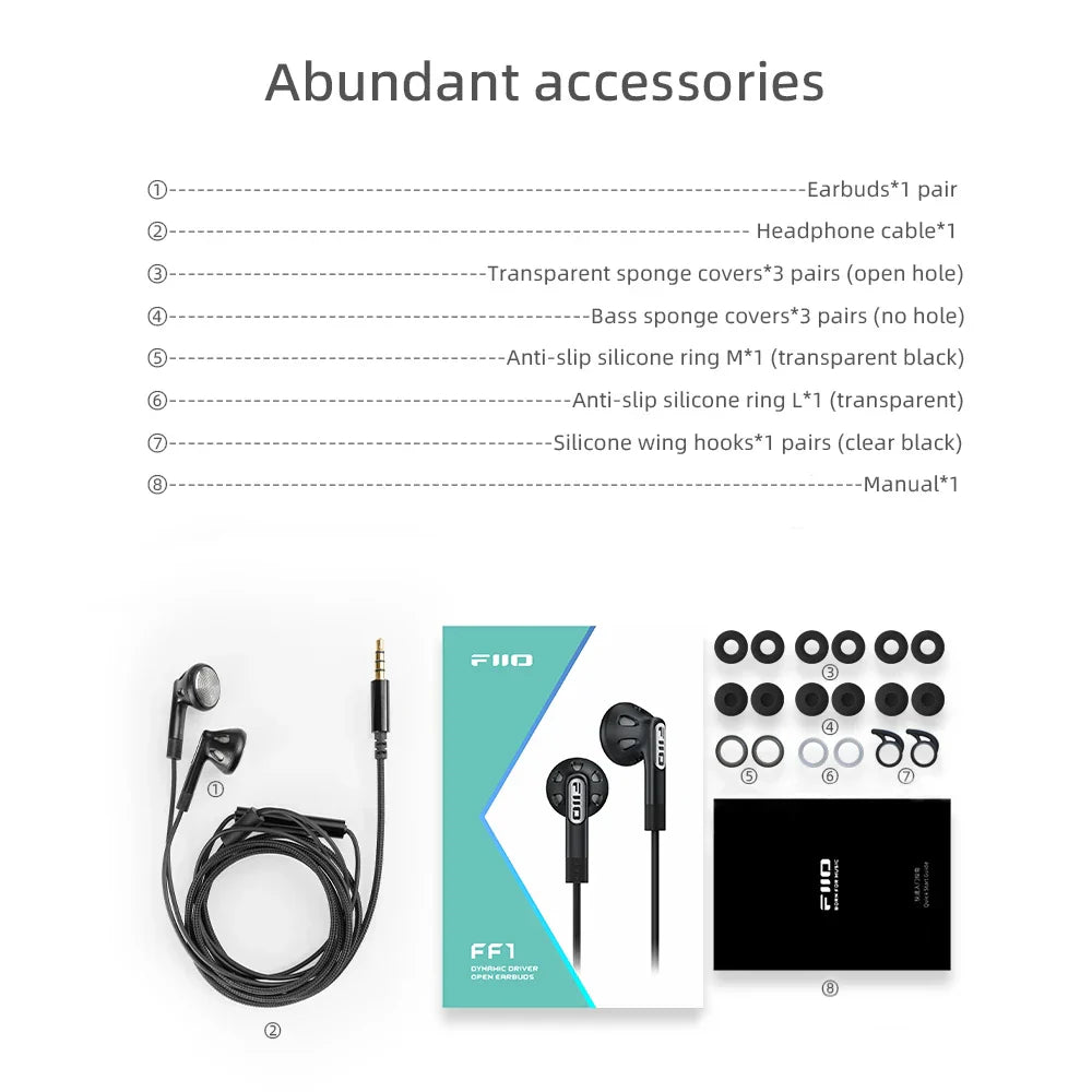 Black fiio ff1 wired bass earbud with metallic earpiece tips and dynamic hd microphone for gaming meeting video use