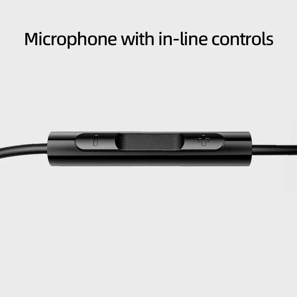 Black wired bass earbud with dynamic hd microphone and in-line textured controls for gaming meeting video use