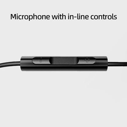 Black wired bass earbud with dynamic hd microphone and in-line textured controls for gaming meeting video use