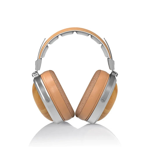Over-ear fiio ft1 headphones with light brown american walnut leather earcups and silver metallic professional monitor accents