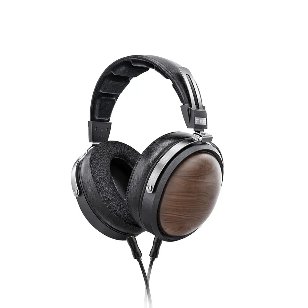 Black fiio ft1 headphones with american walnut hifi wood grain earcups and silver accents for professional monitor north use