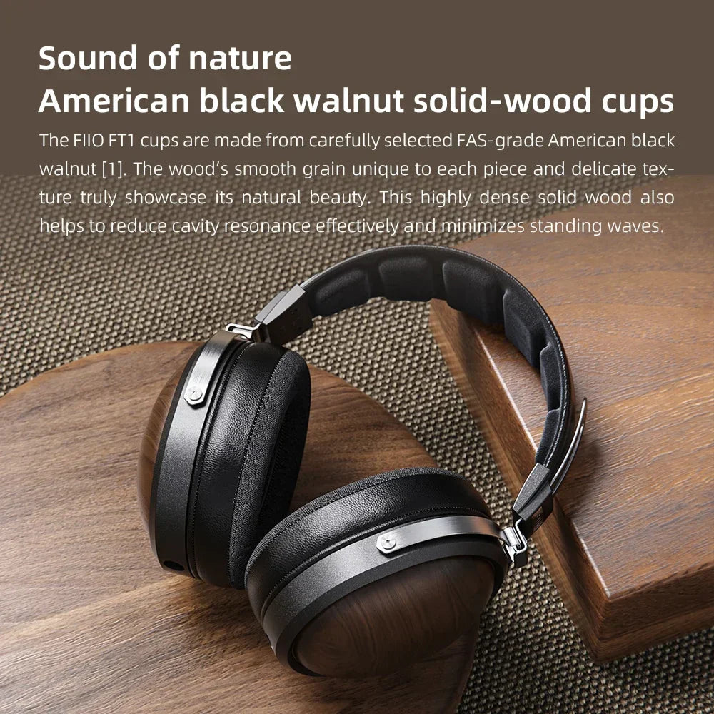 Fiio ft1 headphones professional monitor north featuring american black walnut solid wood cups and black leather ear cushions