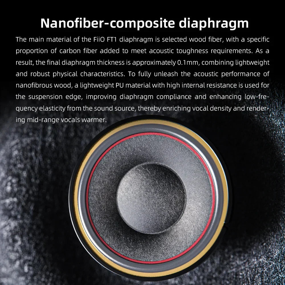 The fiio ft1 headphones feature a nanofiber-composite diaphragm with american walnut hifi and red gold suspension edge