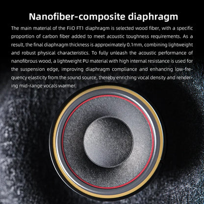 The fiio ft1 headphones feature a nanofiber-composite diaphragm with american walnut hifi and red gold suspension edge
