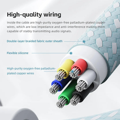 A light blue braided fabric fiio ja11 usb type c earphone headphone adapter cable with exposed colorful copper wires
