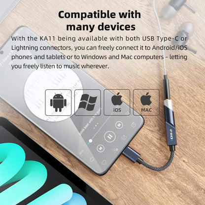 Black and silver fiio jadeaudio ka11 usb dongle dsd256 adapter with usb type-c and lightning connectors for hi-res audio