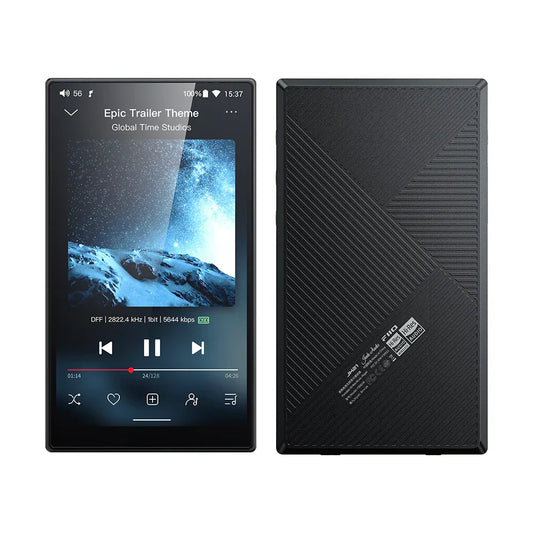 Black rectangular fiio jm21 player portable lossless with sleek textured back and vibrant touchscreen bluetooth wifi usb dac