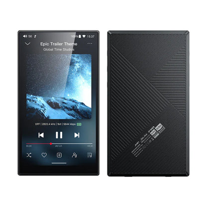 Black rectangular fiio jm21 player portable lossless with textured back panel and vibrant touchscreen bluetooth wifi usb