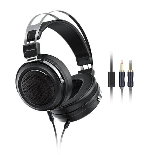 Black over-ear jade audio studio headphones with silver metal headband microphone 50mm diaphragms driver hifi sound