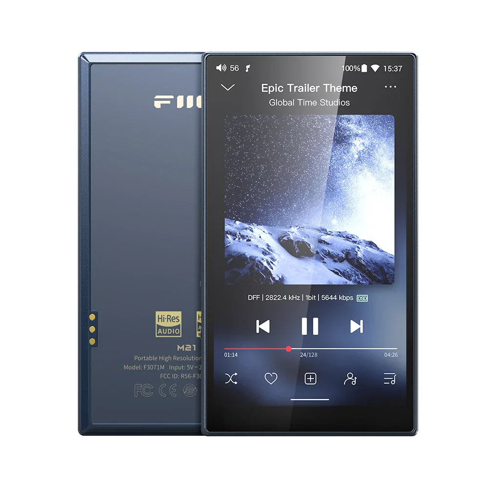 Dark blue metallic fiio m21 android 13 hi res music player with dacs 950mw high output power peq and rectangular screen
