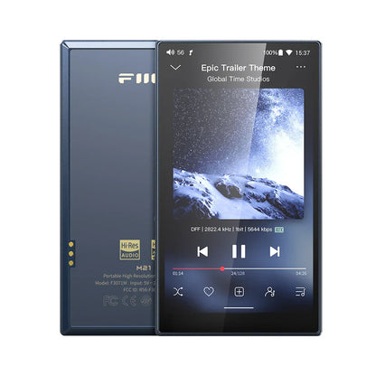Dark blue metallic fiio m21 android 13 hi res music player with dacs 950mw high output power peq and rectangular screen