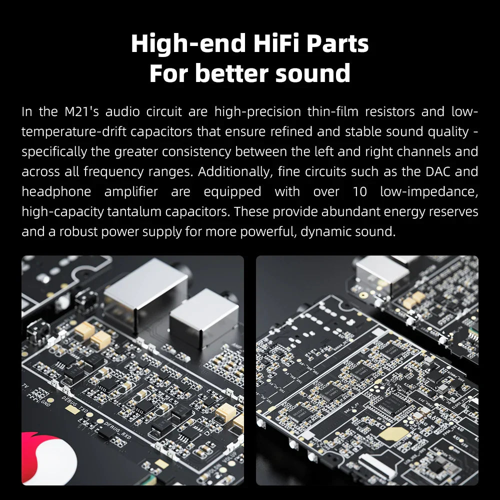High-end black circuit board with silver and gold components for fiio m21 android featuring dacs 950mw high output power peq