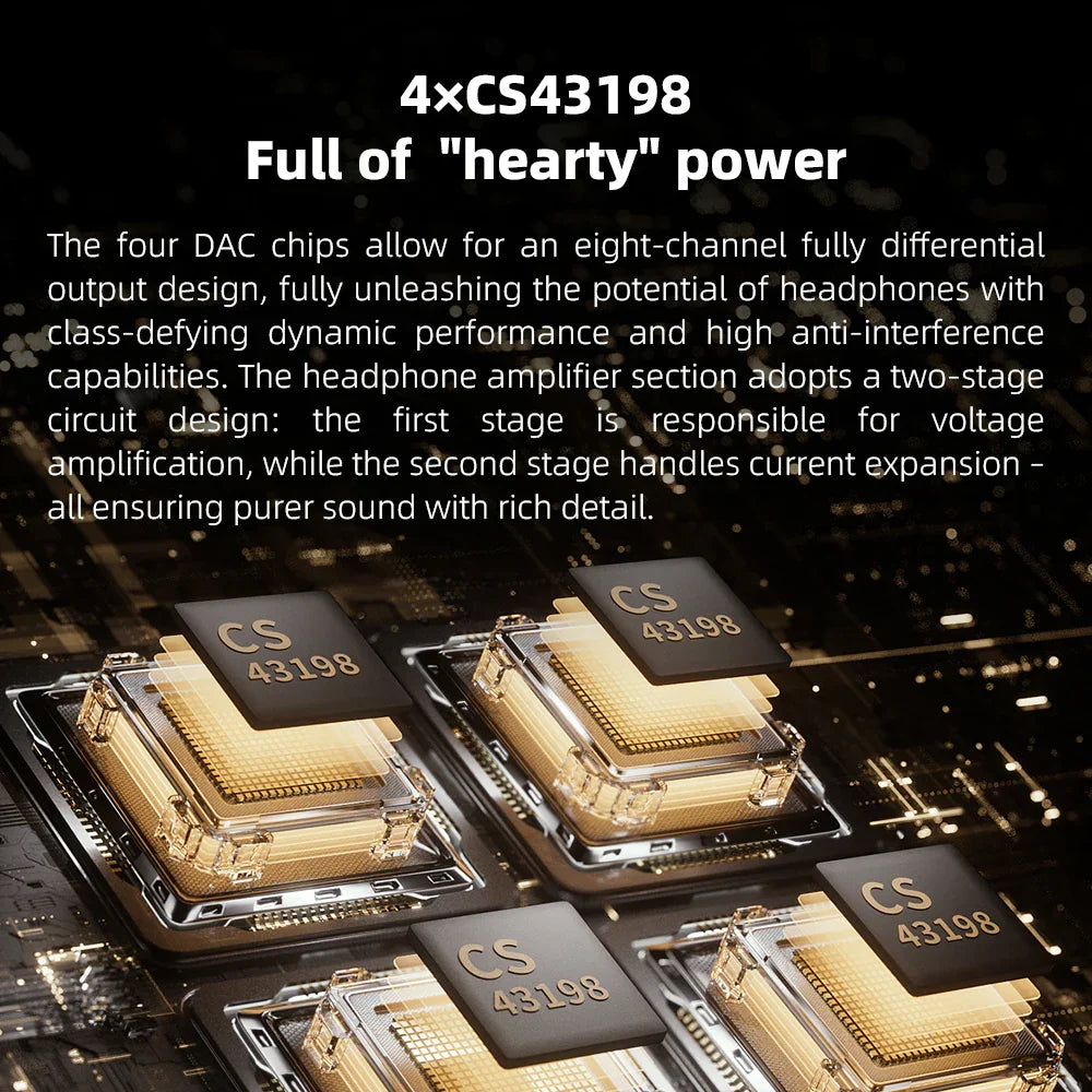 Four gold-colored cs43198 dacs on circuit board of fiio m21 android 13 with 950mw high output power peq