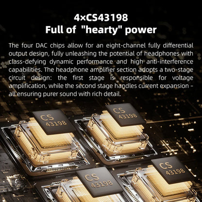 Four gold-colored cs43198 dacs on circuit board of fiio m21 android 13 with 950mw high output power peq