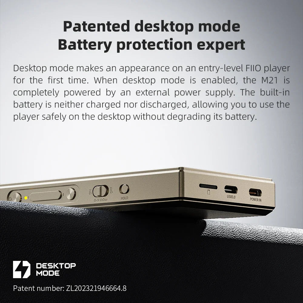 Gold-colored fiio m21 android 13 hi-res music player with dacs 950mw high output power peq and multiple ports