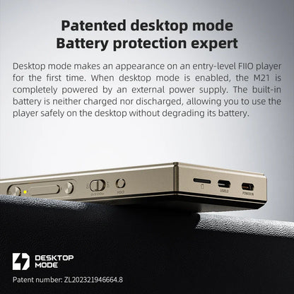 Gold-colored fiio m21 android 13 hi-res music player with dacs 950mw high output power peq and multiple ports