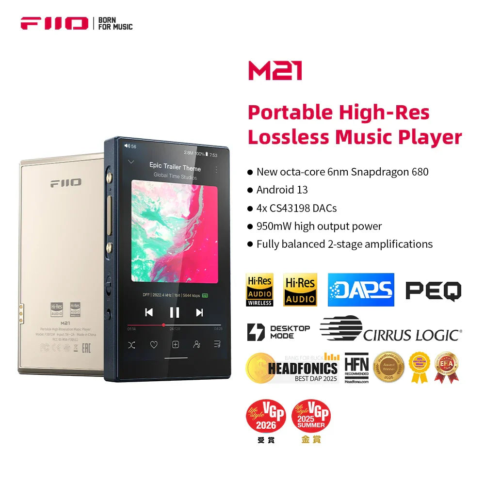 Fiio m21 android hi-res music player with sleek black front brushed gold back oled screen dacs 950mw high output power peq