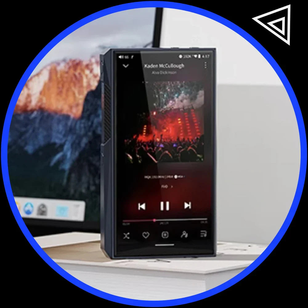 Black rectangular fiiO M23 portable music player with touchscreen usb dac mqa peq thx aaa78 amp ak4191eq features