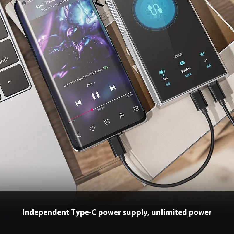 Silver rectangular fiio m23 portable music mp3 player with black screen showing charging and connectivity usb dac mqa amp ak4191eq