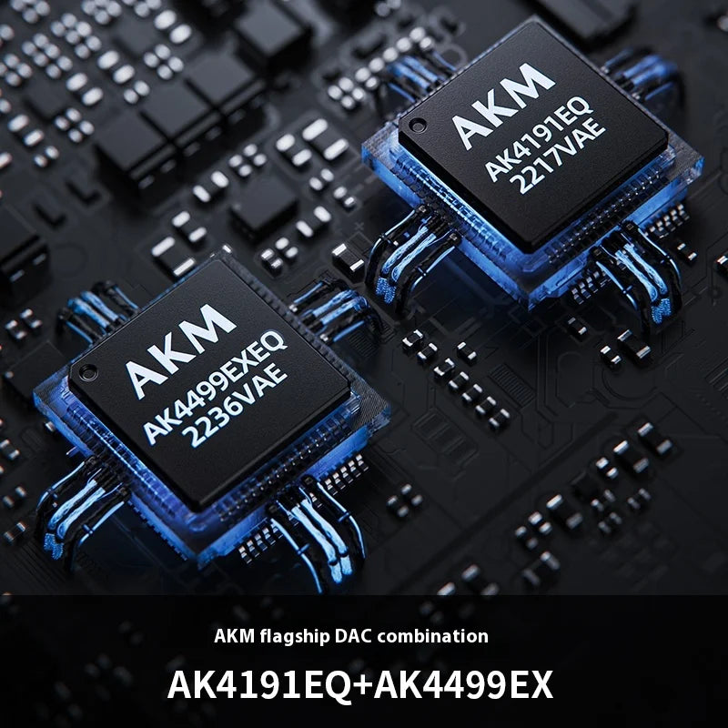 Two black akm audio chips ak4191eq and ak4499ex on circuit board with blue led lighting in fiio m23 usb dac mqa peq thx aaa78 amp ak4191eq