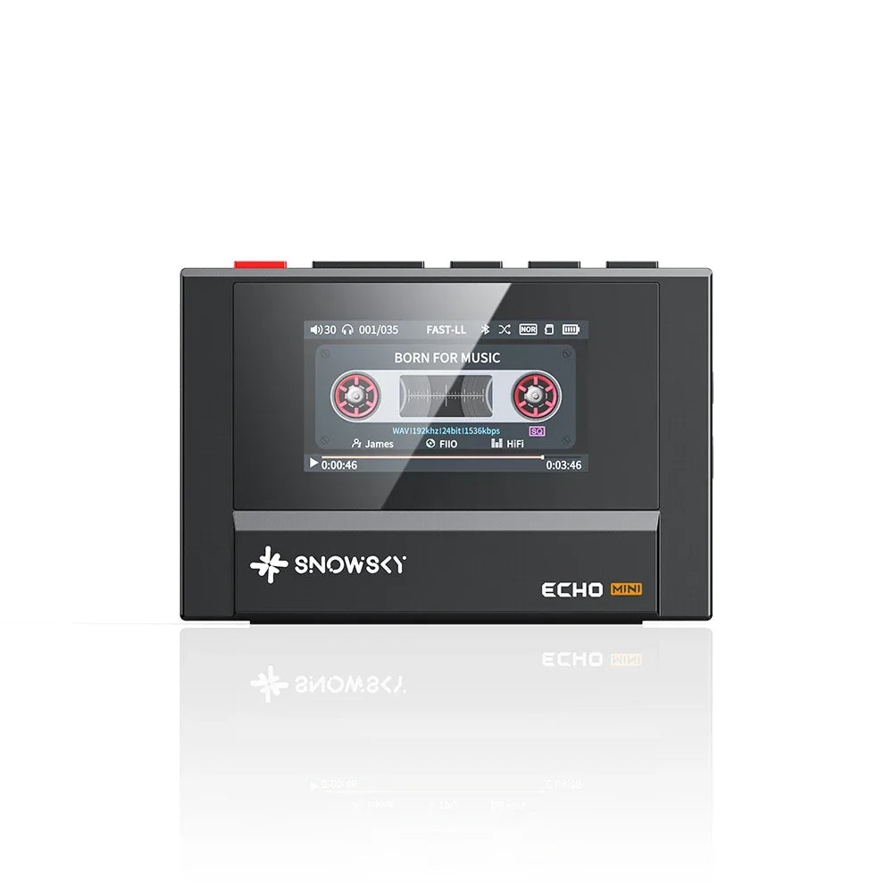 Black fiio snowsky echo mini hifi bluetooth mp3 walkman with touchscreen display showing cassette tape graphics