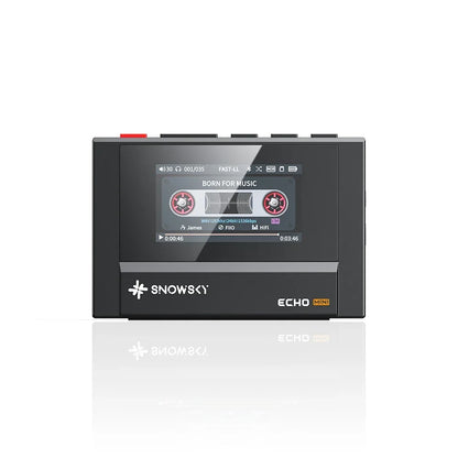 Black fiio snowsky echo mini hifi bluetooth mp3 walkman with touchscreen display showing cassette tape graphics