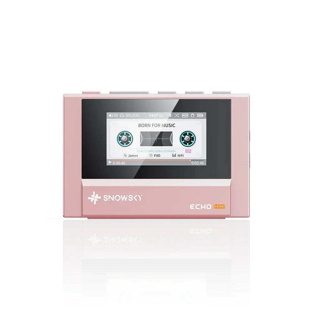 Pink fiio snowsky echo mini hifi bluetooth mp3 walkman with sleek rectangular design and cassette tape touchscreen display