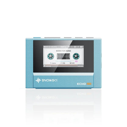 Light blue fiio snowsky echo mini hifi bluetooth mp3 walkman with rectangular screen showing cassette graphics and playback controls