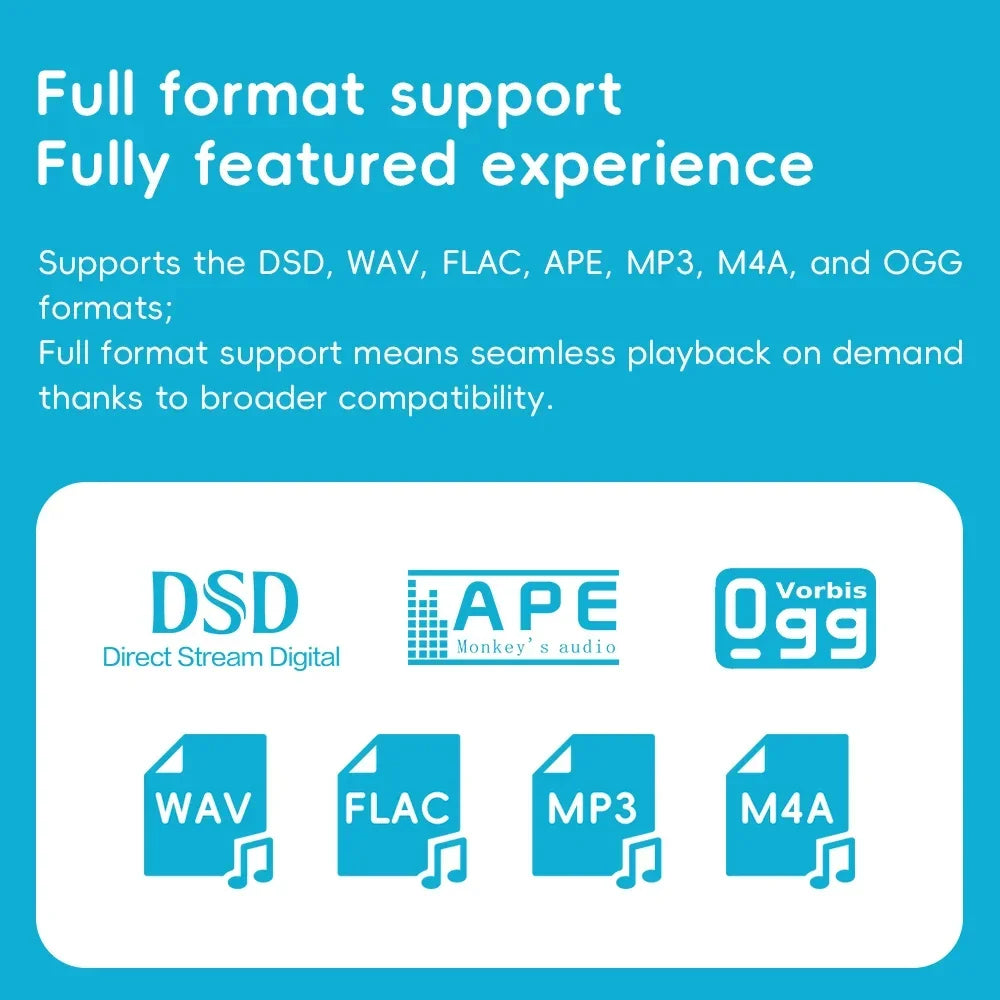 Blue graphic showing audio format icons for dsd ape vorbis ogg wav flac mp3 and m4a for fiio snowsky echo mini hifi bluetooth mp3 walkman