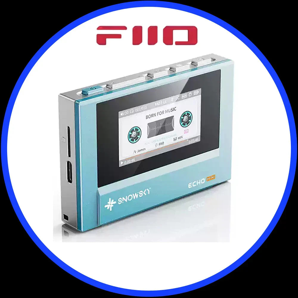 Light blue and silver fiio snowsky echo mini portable mp3 mini walkman with custom support dsd and cassette-themed display