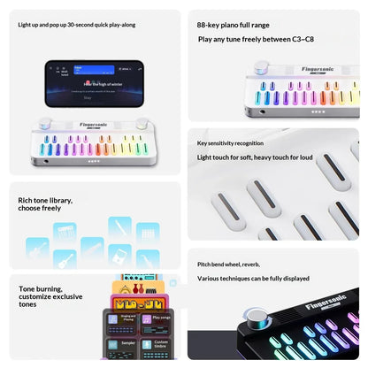 Fingersonic pocket music keyboard midi electronic piano with 88 colorful illuminated keys and sleek white casing acoustic christmas gift