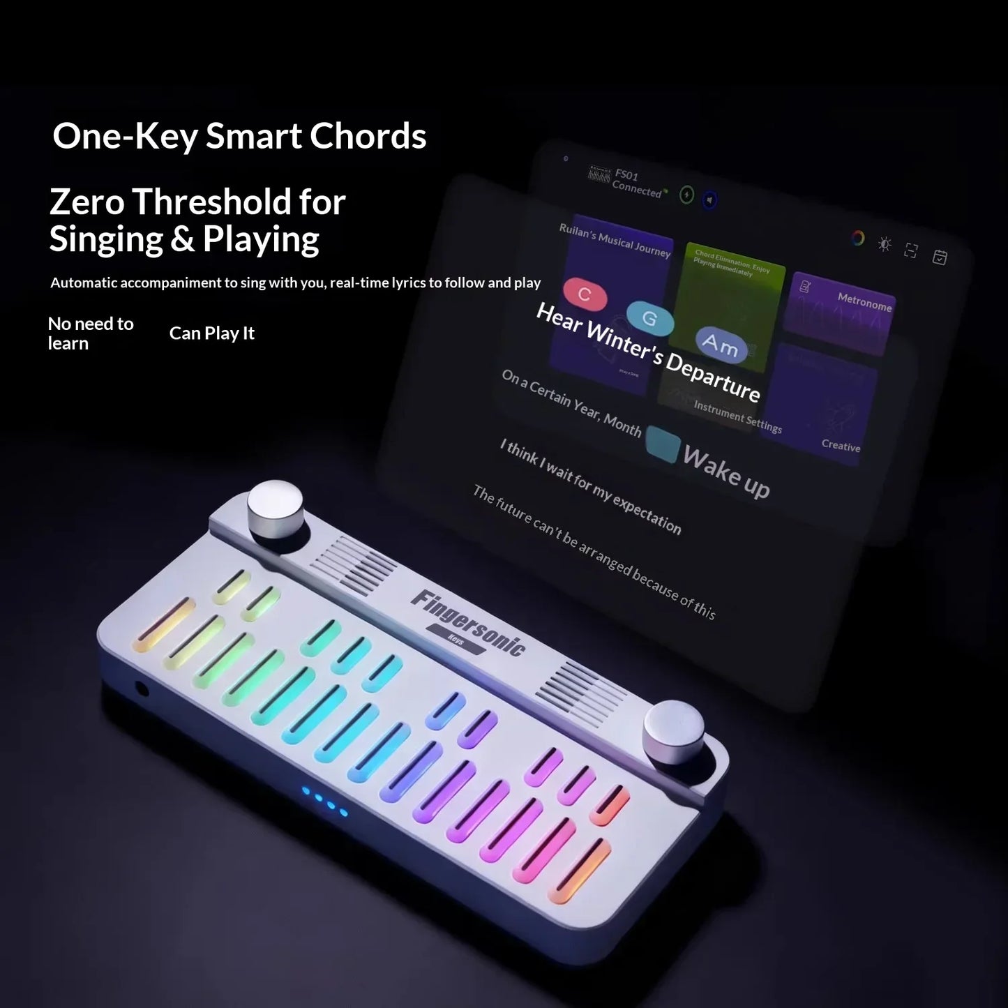 White fingersonic pocket music keyboard midi electronic piano with colorful illuminated keys and two circular knobs acoustic christmas gift