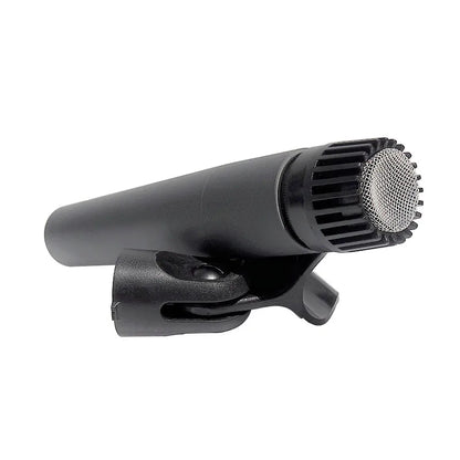 Black finlemho microphone dyanmic capsule with metallic mesh grille mounted on adjustable clip for recording studio sm57 guitar amplifier drum use