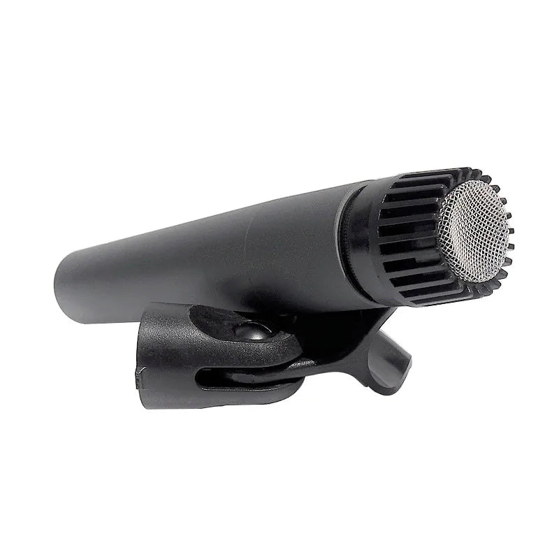 Black finlemho microphone dyanmic capsule with metallic mesh grille mounted on adjustable clip for guitar amplifier drum use