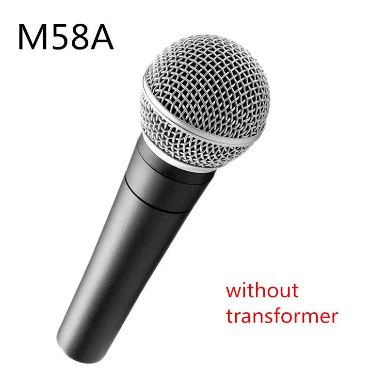 Black handheld cordless sm58s microphone with silver mesh grille and m58a model for finlemho professional karaoke studio use