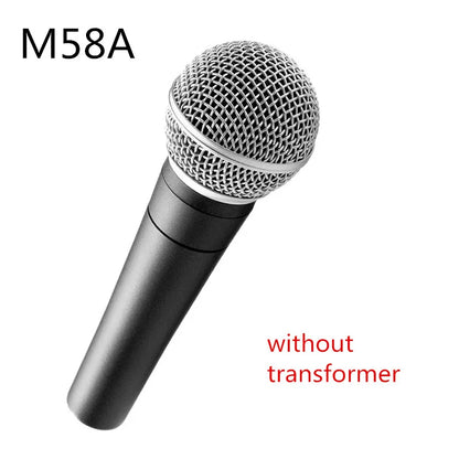 Black handheld cordless sm58s microphone with silver mesh grille and m58a model for finlemho professional karaoke studio use