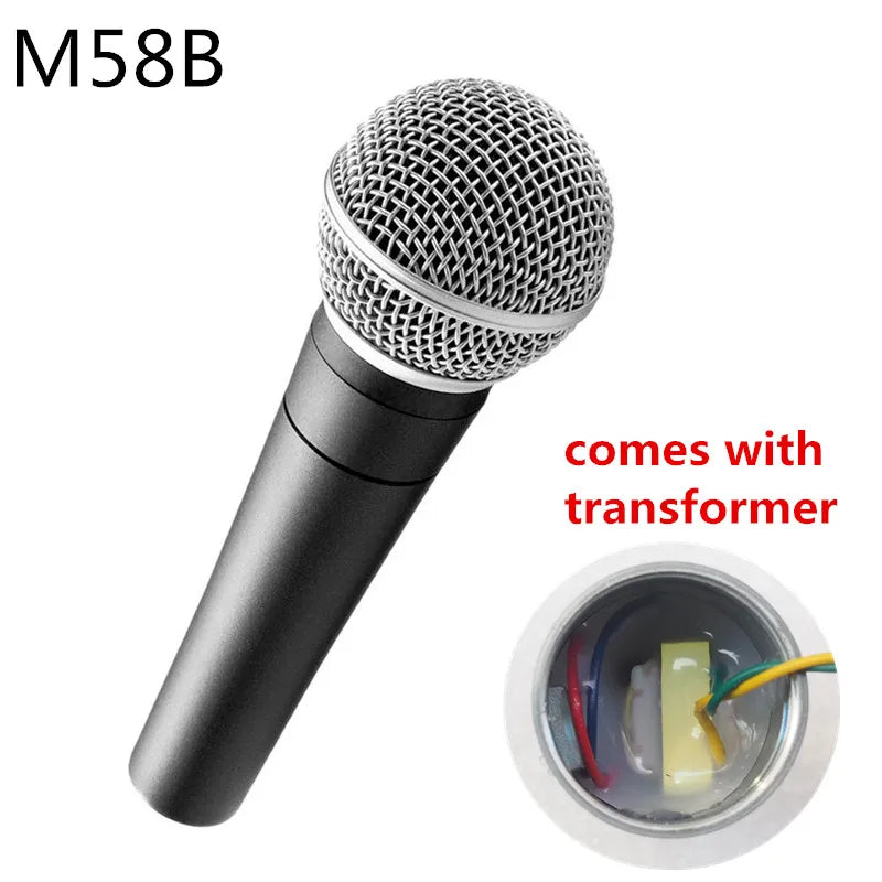 Black handheld cordless sm58s microphone with silver mesh grille labeled m58b by finlemho for karaoke studio use