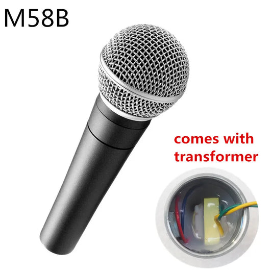Black handheld cordless sm58s microphone with silver mesh grille labeled m58b by finlemho for karaoke studio use