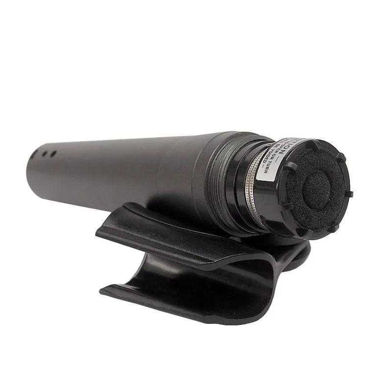 Black finlemho professional microphone handheld cordless sm58s with matte finish on a matching stand for karaoke studio use