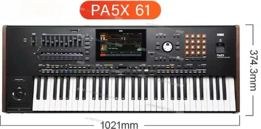 Black korg pa5x 61 key arranger keyboard with touchscreen wooden side panels for flagship synthesizer professional piano music production
